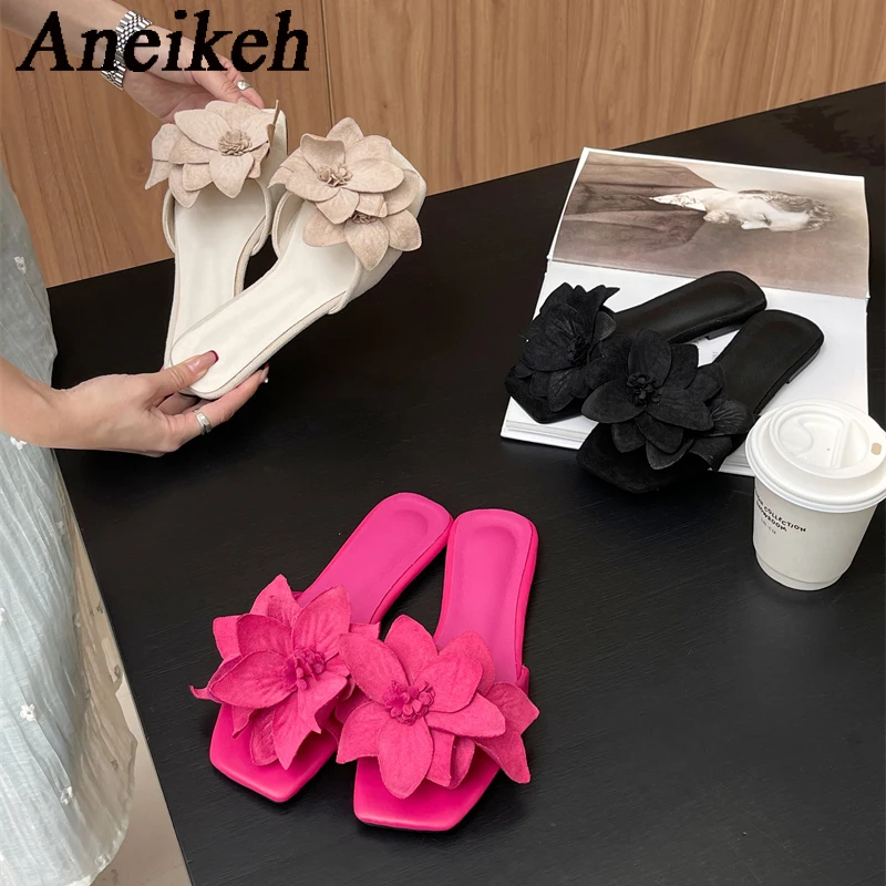 Aneikeh Summer Fashion Faux Suede Flower Square Headed Flat Heels for Women Slippers Flat Bottom Sandals Beach Slides Zapatos