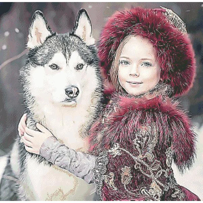 Amishop High Quality Counted Cross Stitch Kit Girl And Wolf Good Friend Animal Beauty Red Riding Hood Krasavitsy