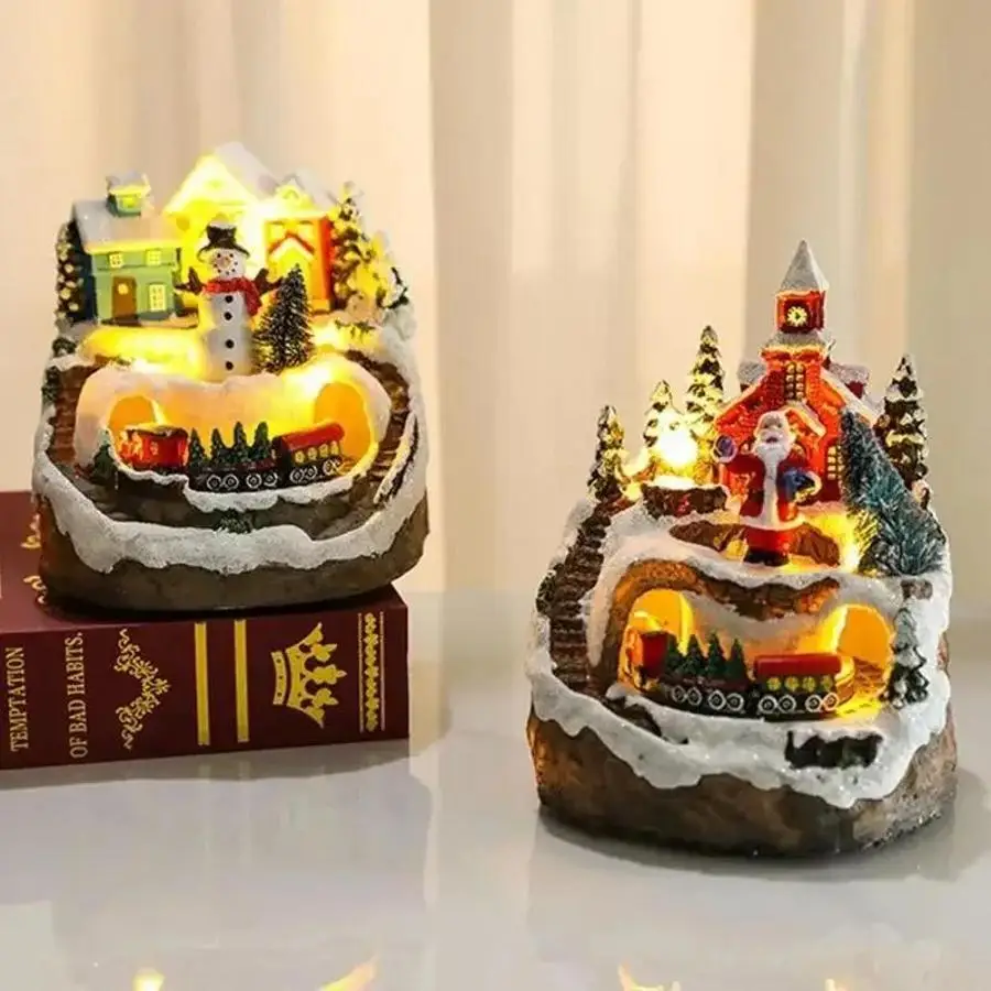 Christmas Village Music Box LED Light Resin House Figurine With Rotating Train Home Tabletop Xmas Holiday New Year Decoration
