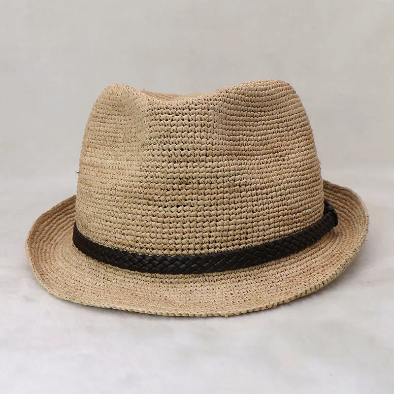 Natural raffia crochet straw top hat casual style short brim straw hat unisex sun protection