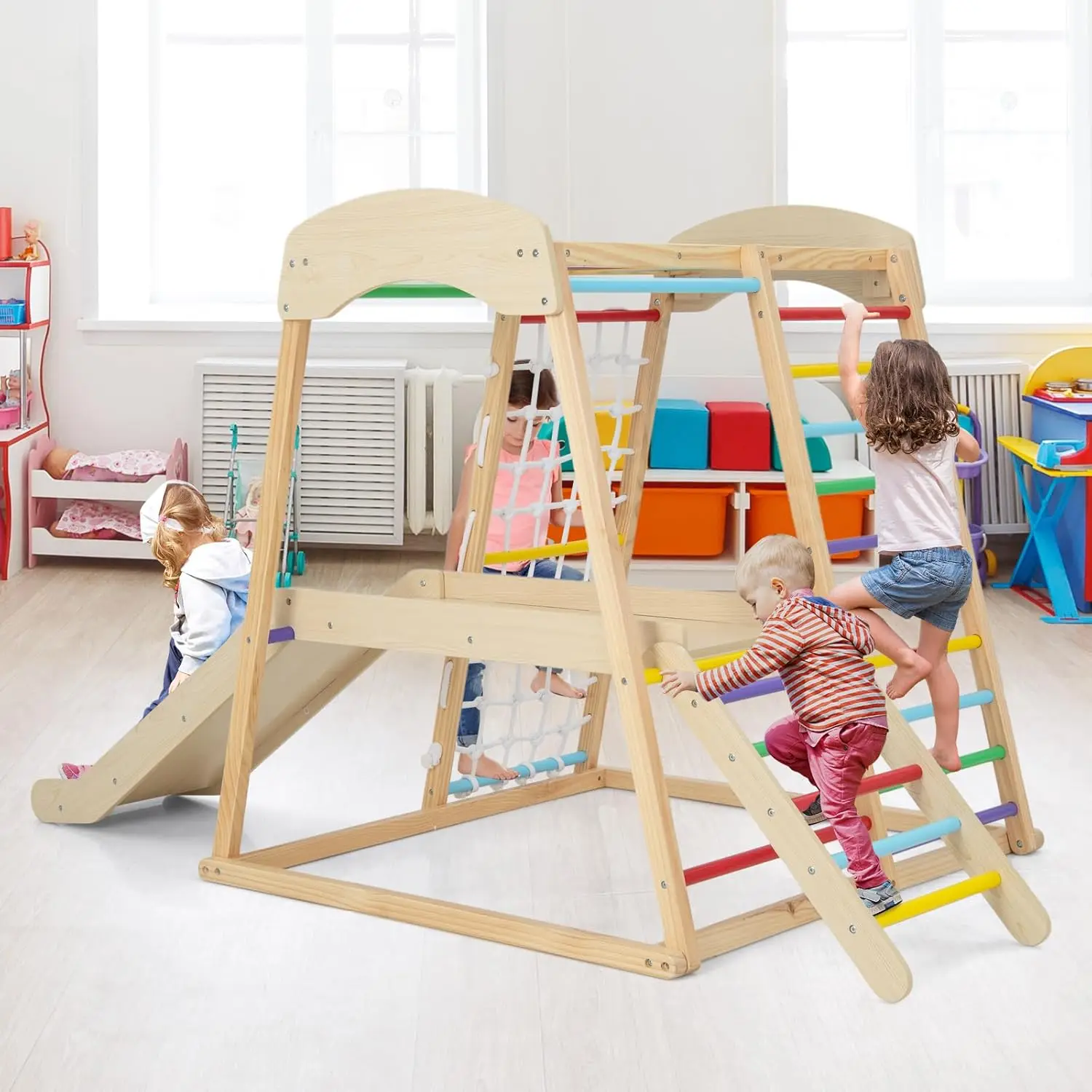 Gym dans la jungle d'intérieur, jouets d'escalade Montessori 6 en 1 pour tout-petits avec toboggan, filet d'escalade, barres de singe, grimpeur d'aire de jeux en bois