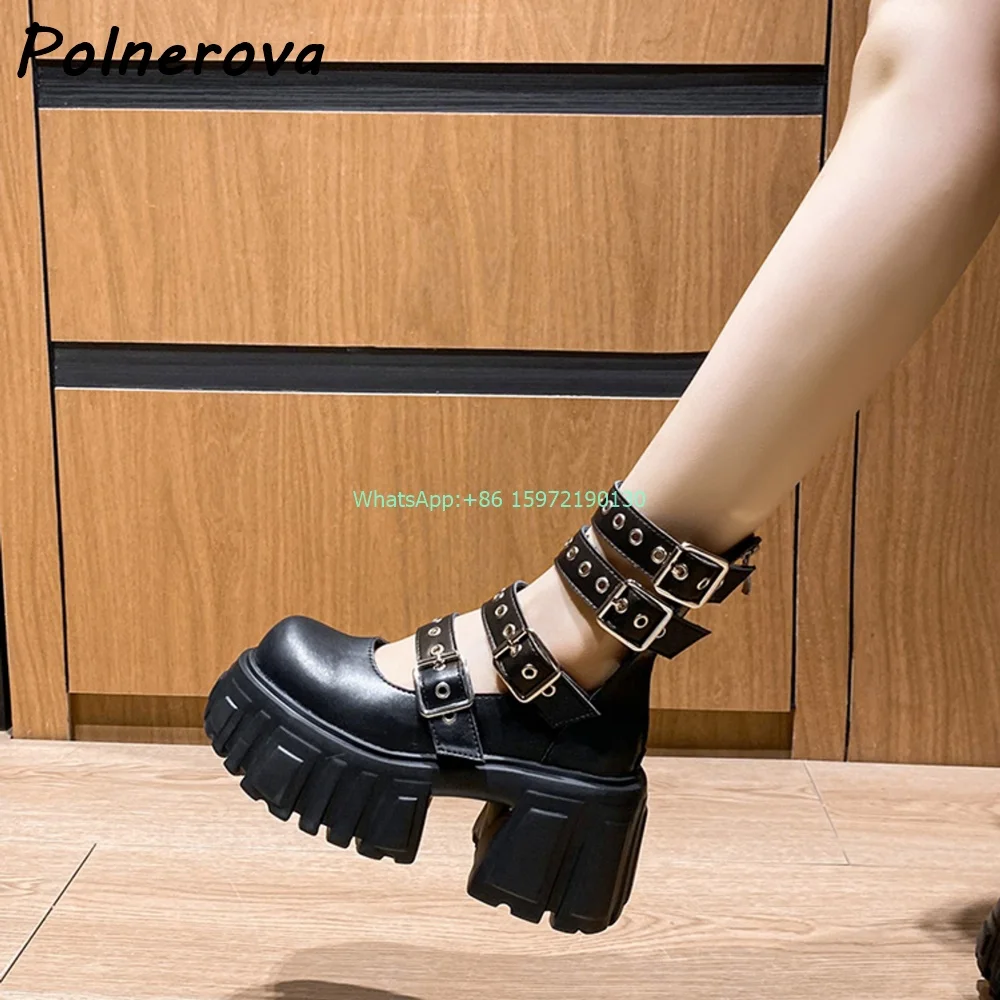 Black Leather Hollow Mary Jane Pumps Round Toe Buckle Strap Platform Chunky Heels Boots Dark Punk Cool Girls High Increase Shoes