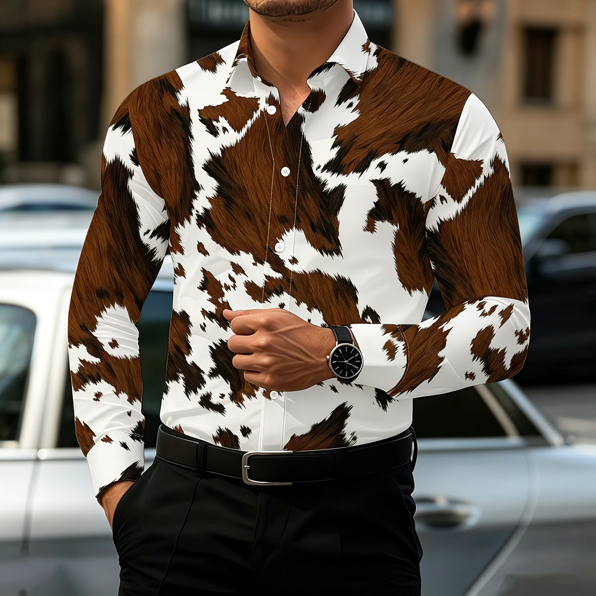 Men's collared slim-fit long-sleeved shirt, cow print animal print shirt, plus size Western street style business cardigan top.