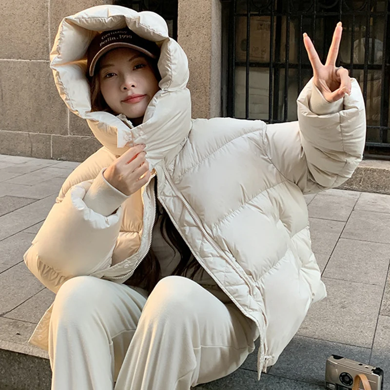 

Black Hooded Thicken Parkas Women 2025 Winter Korean Loose Pockets Zipper Up Jackets Woman Comfort Warm Short Outwear Mujer