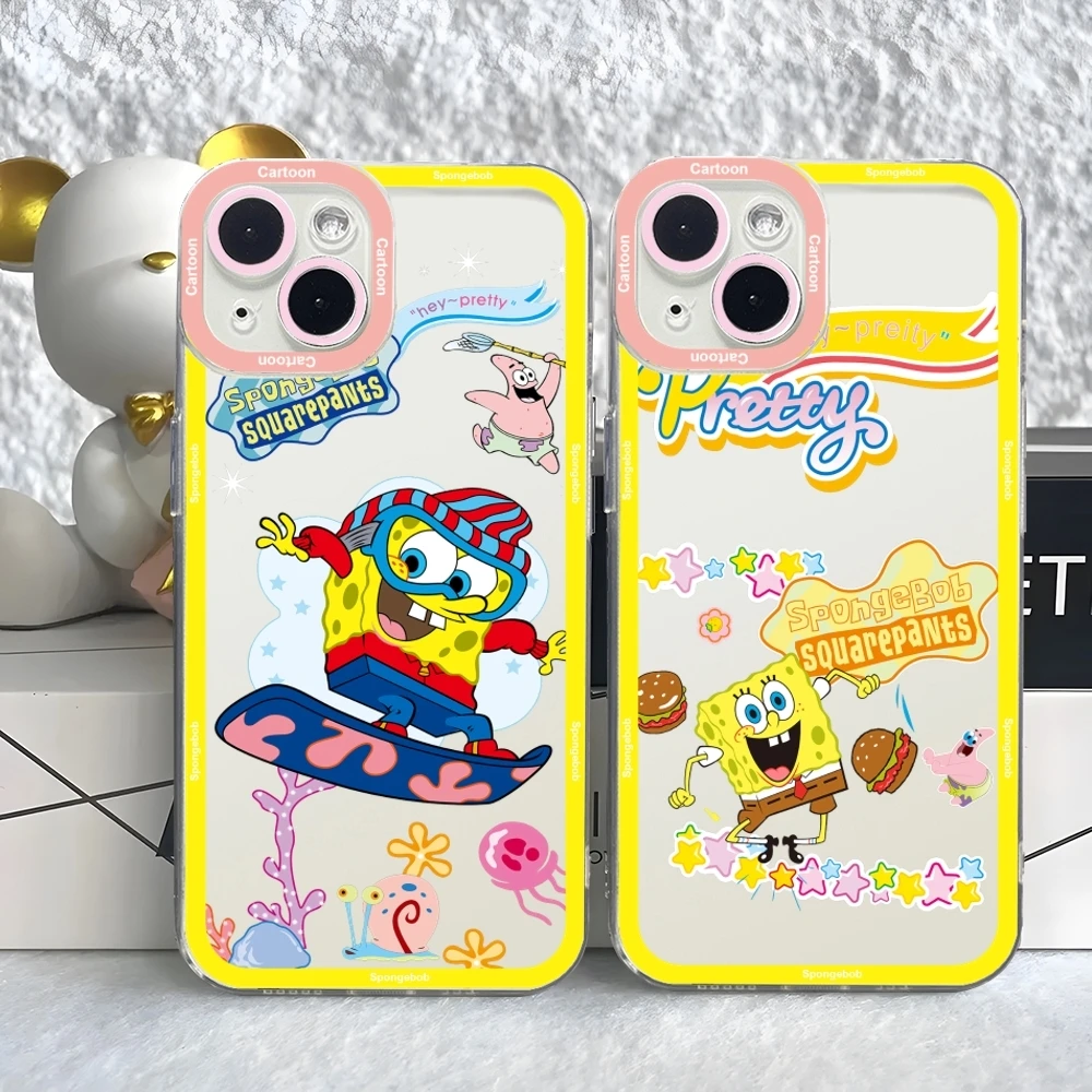 Cartoon S-pongeBobes phone Case For iPhone 15 14 13 12 11 Pro Max Mini XS X XR SE 7 8 Plus Soft Angel Eyes Cover