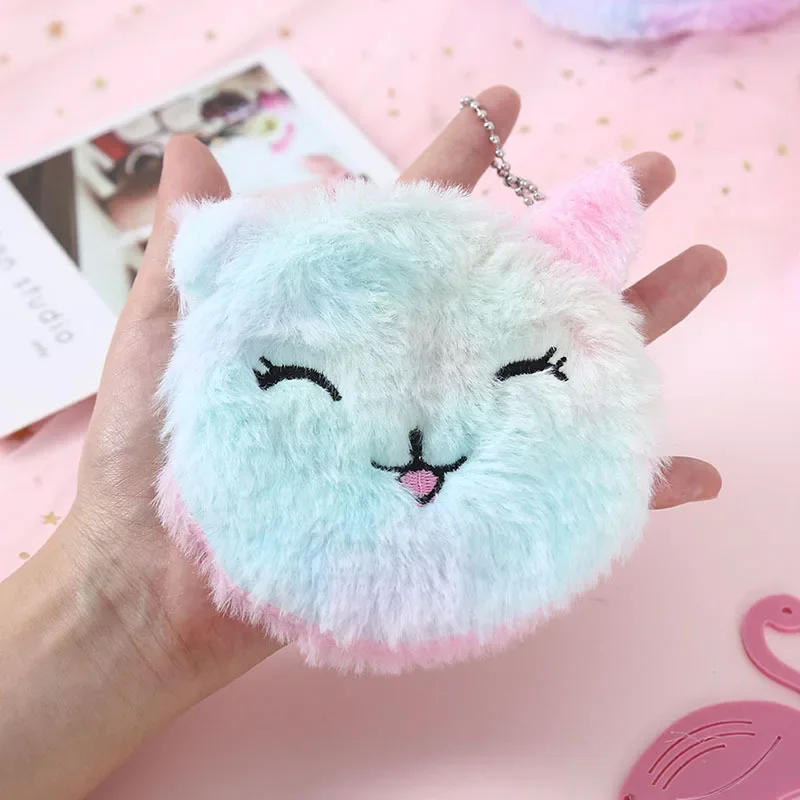 Cute Cartoon Plush Unicorn Coin Purse Cat Fur Circle Wallet Girl Clutch Embroidered Bag Key Earphone Organizer Bags Kids Gift