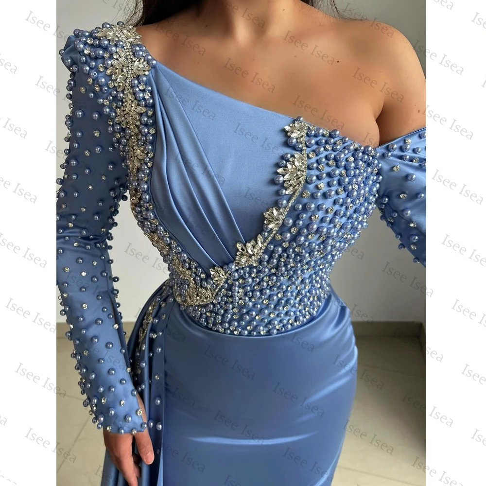 فستان سهرة من الساتان باللون الأزرق السماوي 2026 بأكمام كاملة وكتف واحد مطرز بحورية البحر فساتين أنيقة للمناسبات الخاصة حسب الطلب #2