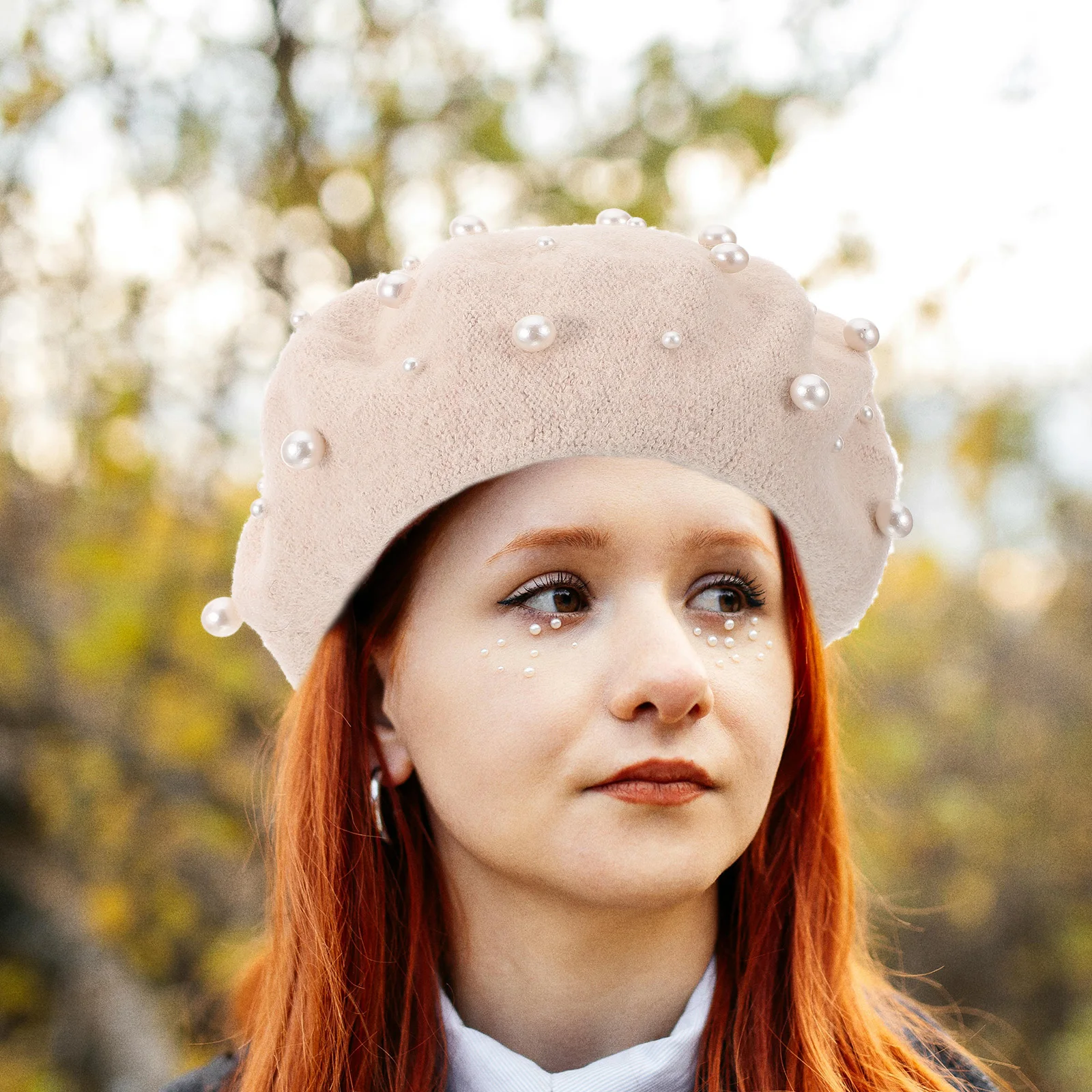 

Women'S Pearl Autumn Winter Pearl Beret Heavy Work Foldable Hat For Outdoor Free Size Beige