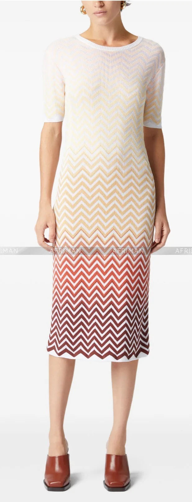 Women Zigzag Woven Round Neck Short Sleeve Midi Dress