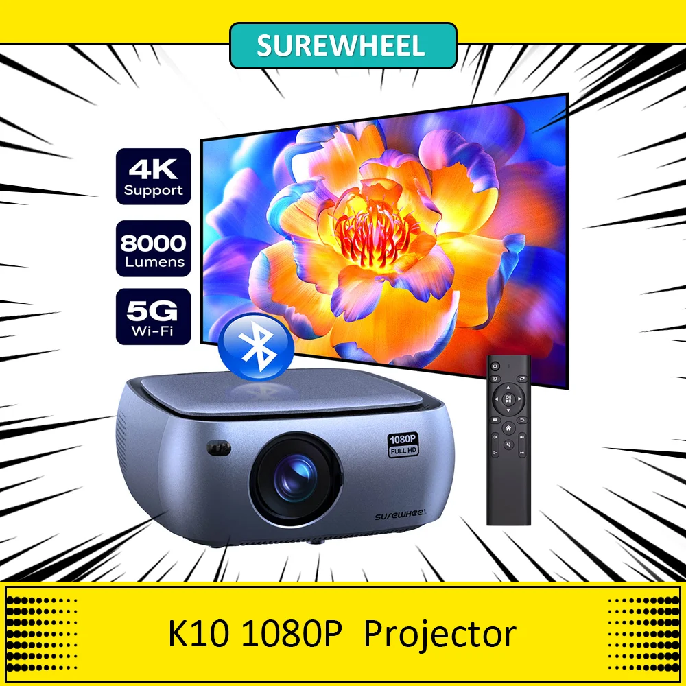 SUREWHEEL K10 Projector, Native 1080P, 4K Support, 200inch Display, 5G WiFi & Bluetooth 5.0, 12000 Lumens, Zoom Function