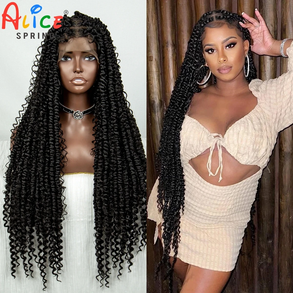 36 Inch Long Synthetic Transparent Full Lace Knotless Box Braided Wigs with Baby Hair Curly Lace Front Braids Lace Wig for Women