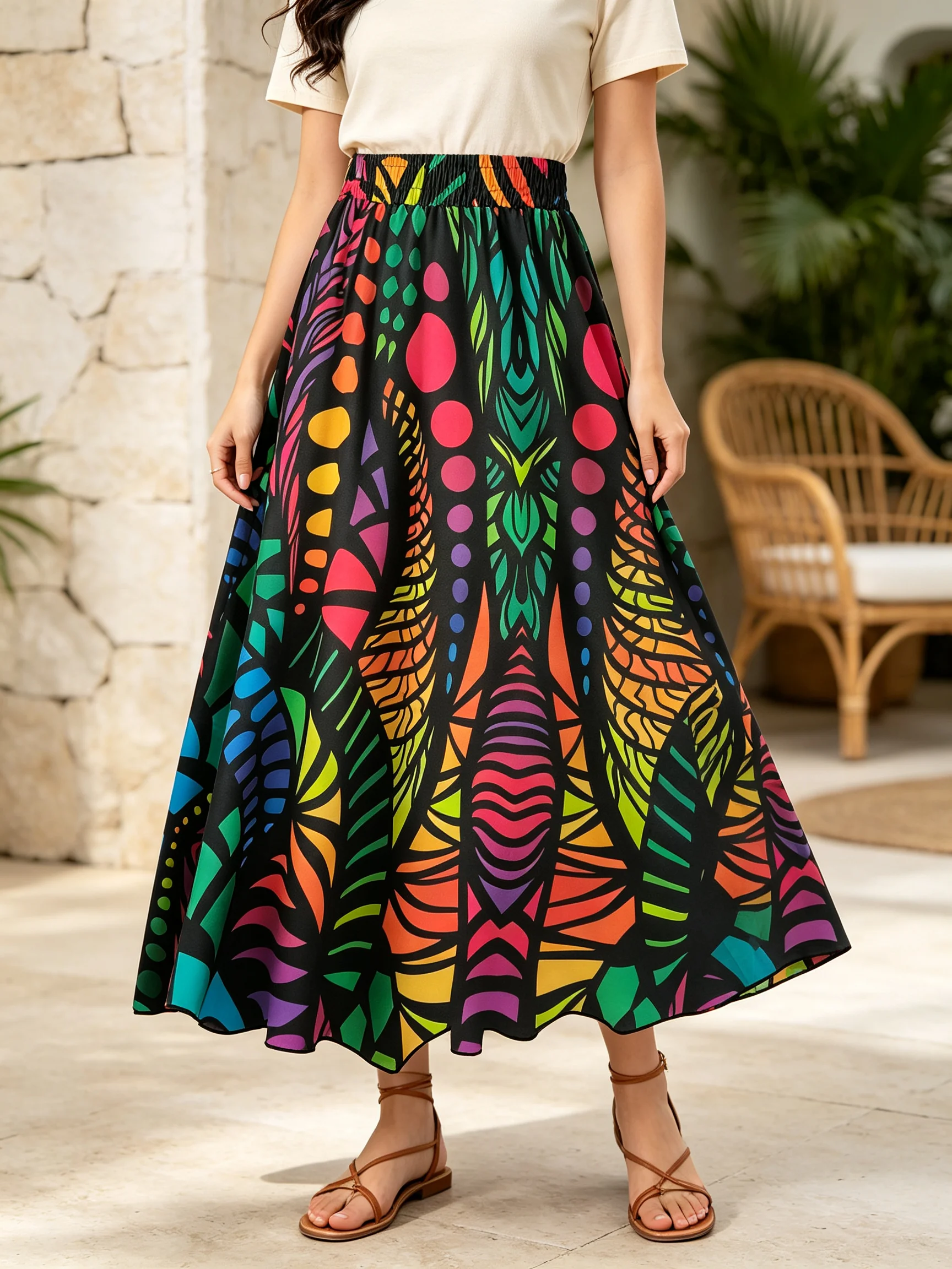 Women Bohemian Maxi Skirt Colorful Geometric Insect Print Elastic High Waist A‑Line Flowy Long Skirt Casual Party Vacation