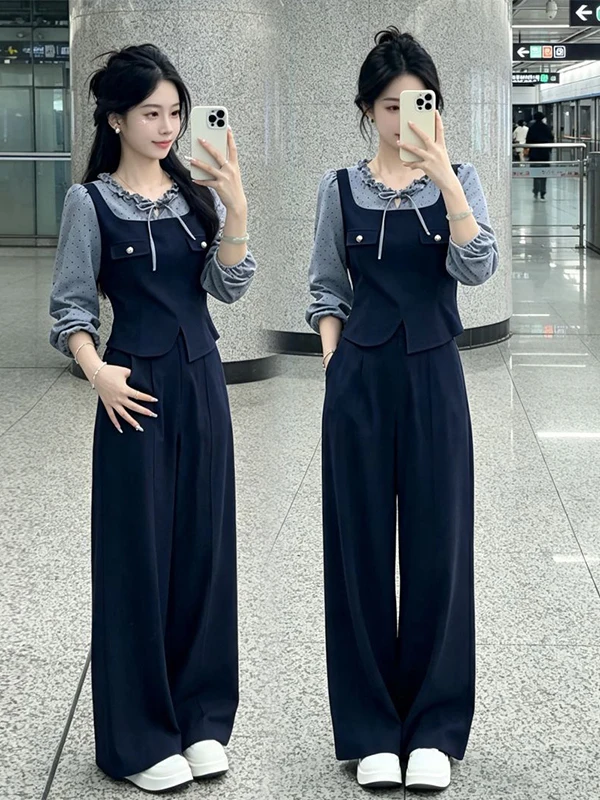 Slimming Polka Dot Set Women's High Waist Wide Leg Pants Two Piece Suit Casual Style Polyester Fiber round Neck T-Shirt