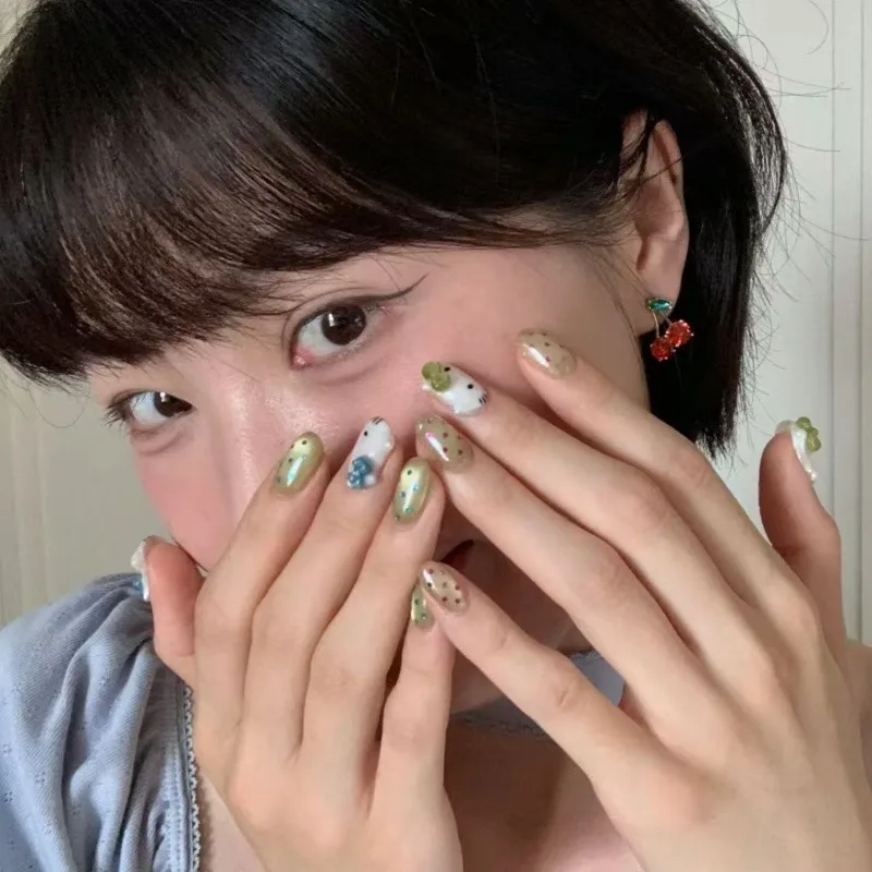 

10Pcs Sweet Cat Eye Handmade Fake Nails Cute Kitty Bow Point Design French Press on Nails Full Cover Wearable False Nail Tips