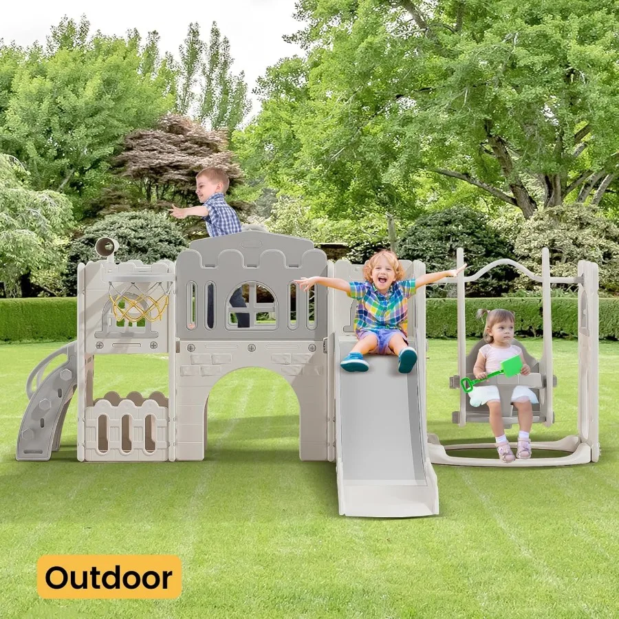 10 in 1 Toddler Slide Age 13 with Swing Basketball Hoop and Telescope Indoor Outdoor Slide Playset Toddler Playground Grey