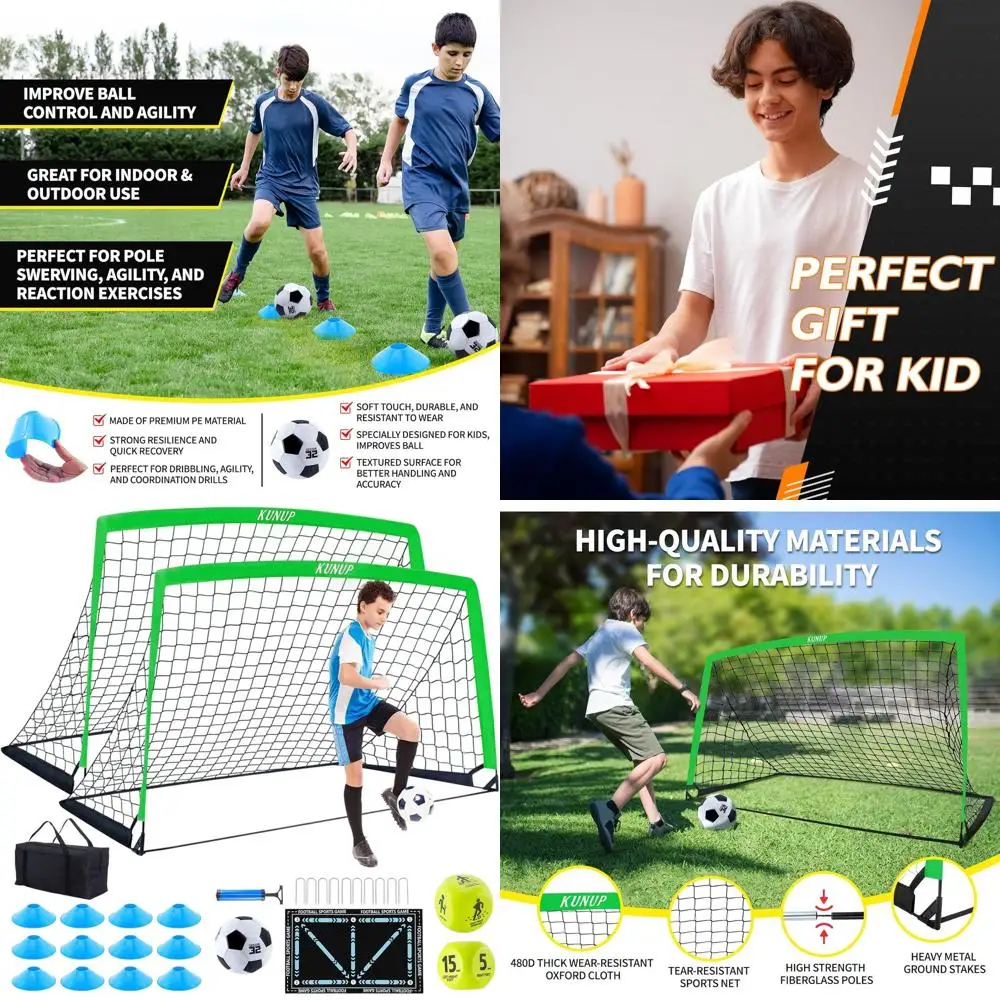 

Портативные футбольные ворота с тренировочным набором для детей: тренировочное оборудование, мяч, кубики, коврик, конусы, воздушный насос и сумка для переноски для игр на открытом воздухе.