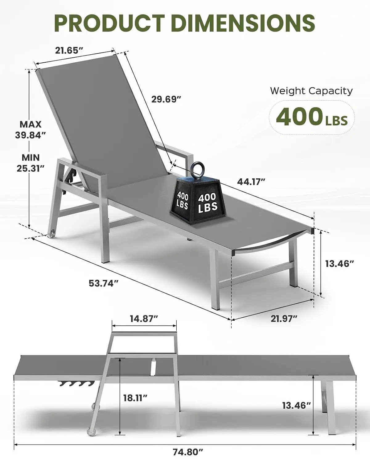 Aluminum Chaise Lounge Chair with Wheels & Armrests, 5-Position Adjustable Recliner, Poolside Patio Outdoor,  Customized