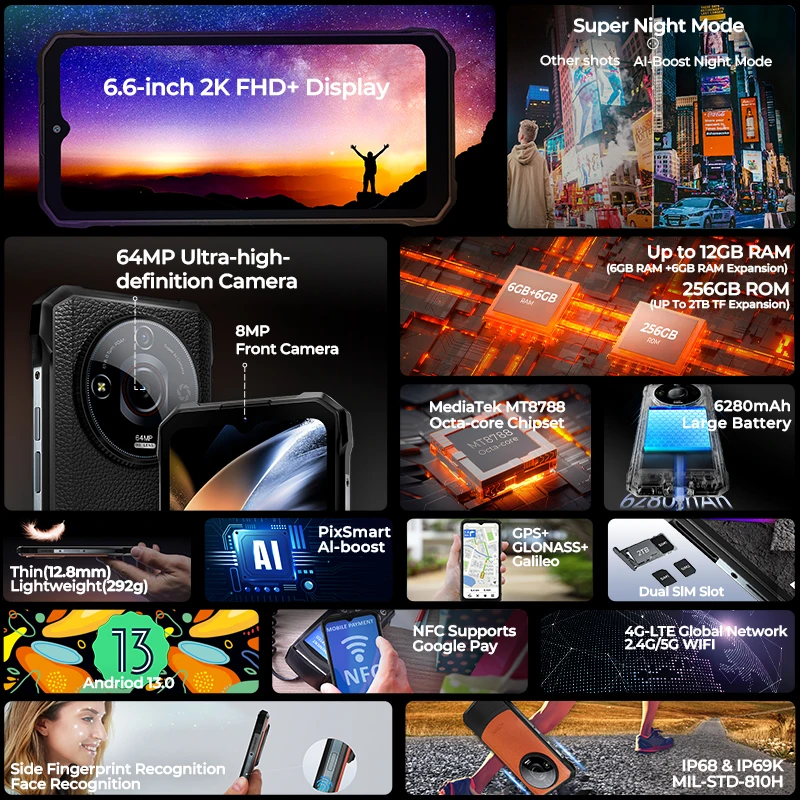 Imagem -02 - Mundo Premeire Smartphone Robusto Hotwav t7 Pro 6.6 Fhd Mais 2k 6280mah 126 Mais 6gb 256gb Celular 64mp Android 13 Celular