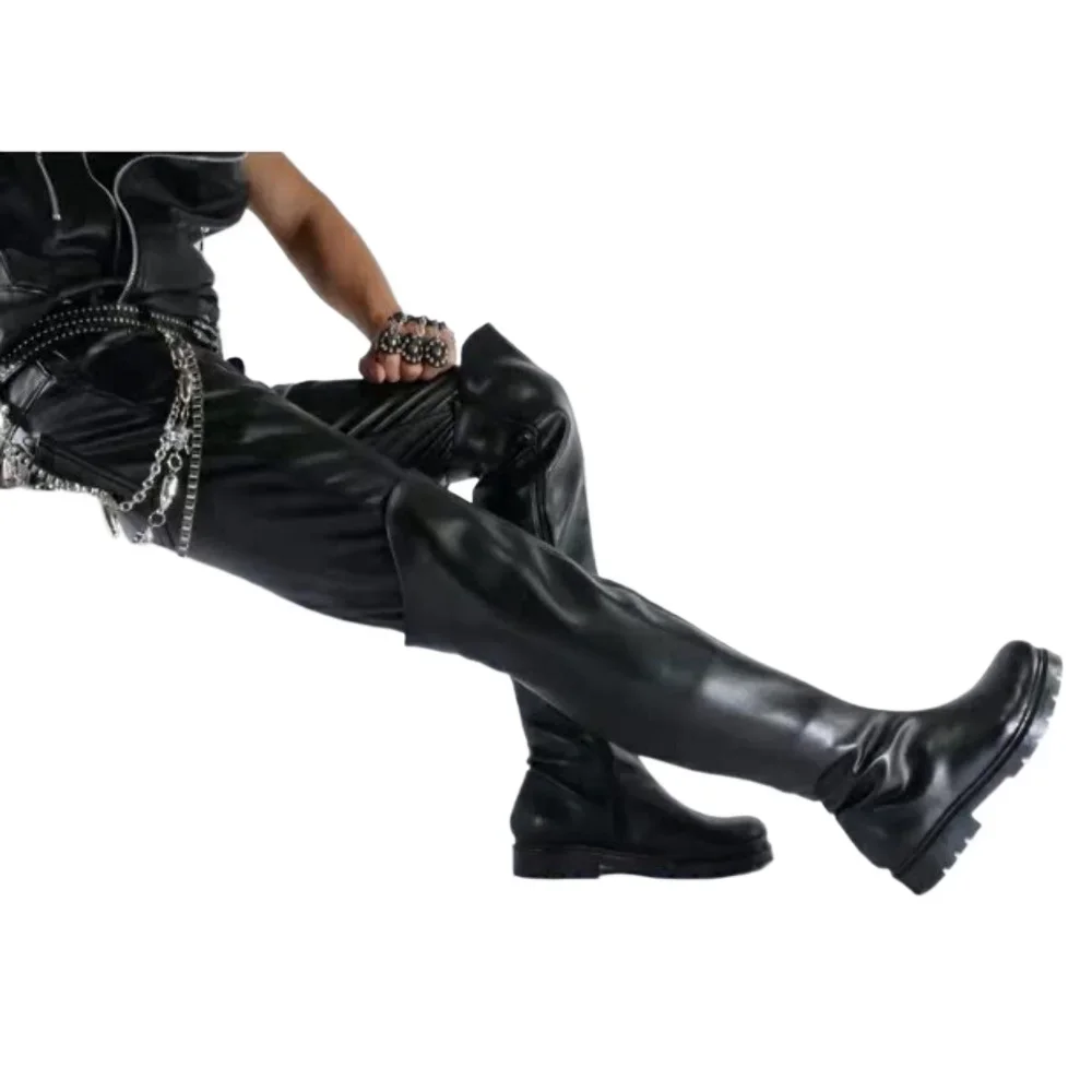 أحذية رجالية جلدية فوق الركبة أحذية شتوية أنابيب الصلب أداء الأحذية ، جولة تو سميكة وحيد أحذية ركوب الخيل أحذية رعاة البقر الغربية الانزلاق على