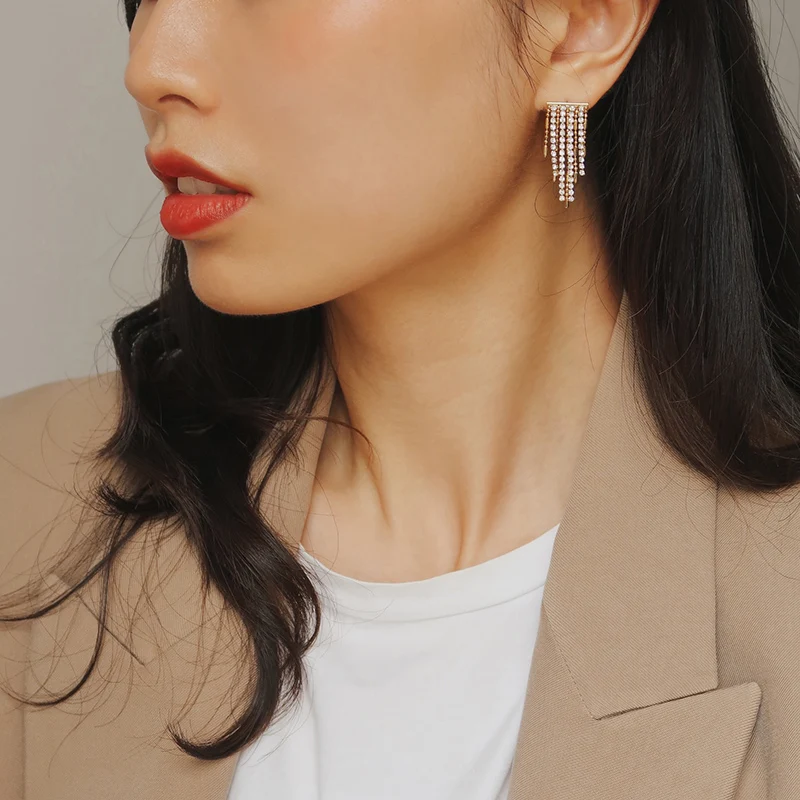 Exaggerated New Super Flash Tassel Earrings For Women S925 Silver Needle Metal Diamond Inlaid Chain Flexible Earrings For Women