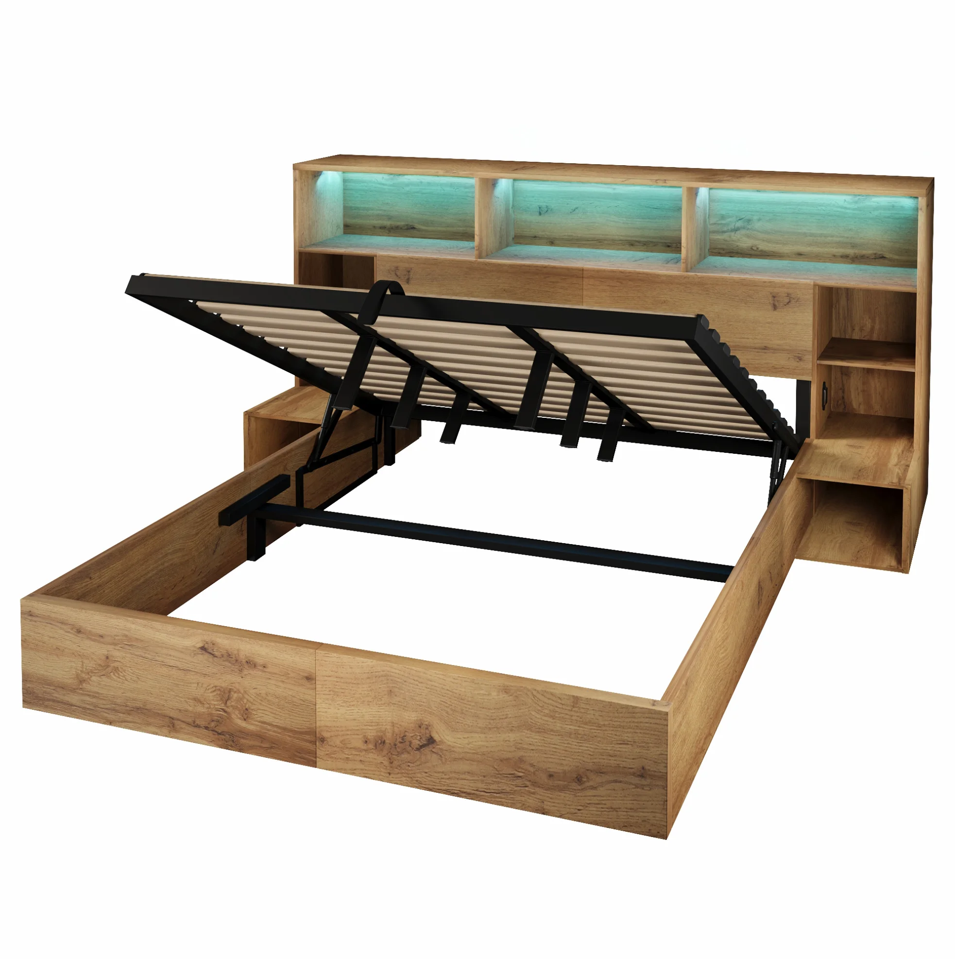 Modenvie Eikenhouten Opbergbed 180x200 cm met Hydraulische Lift, Geïntegreerde Nachtkastjes, LED-verlichting, USB-A & USB-C Poorten, Frame met Lattenbodem en Hoofdbordplank, Matras Niet Inbegrepen