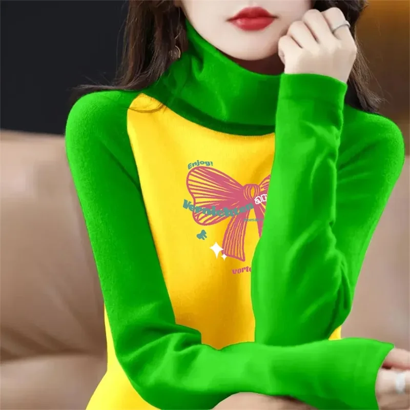 Fashion German Velvet High Neck T-Shirt Top Women's TShirt Autumn Winter New Color Blocked Warm Bottoming Shirt Female