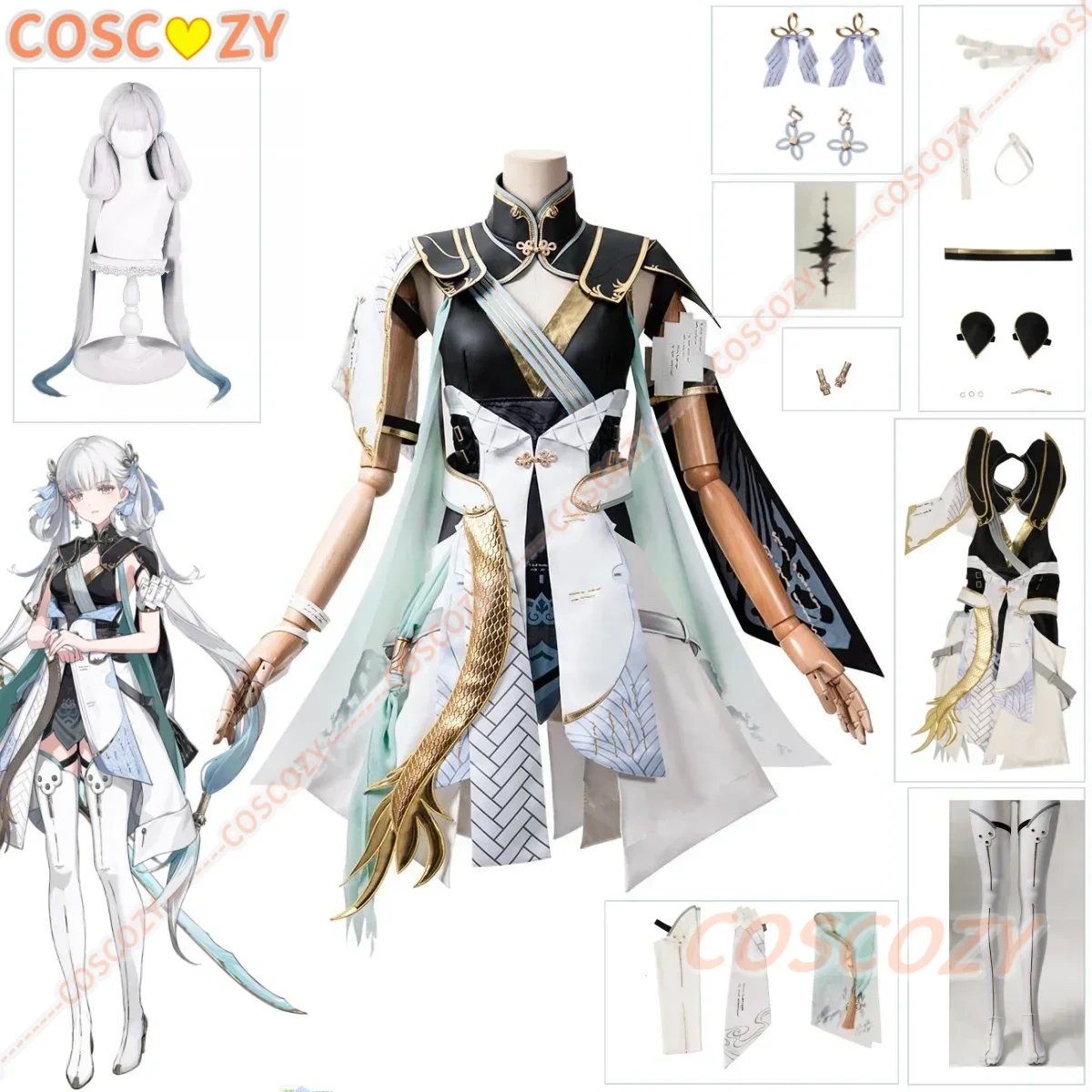 Game Wuthering Waves Jinhsi Cosplay Costume Wig Earrings Headwear Dress Stockings White Blue Hair Thawborn Renewal Accessories