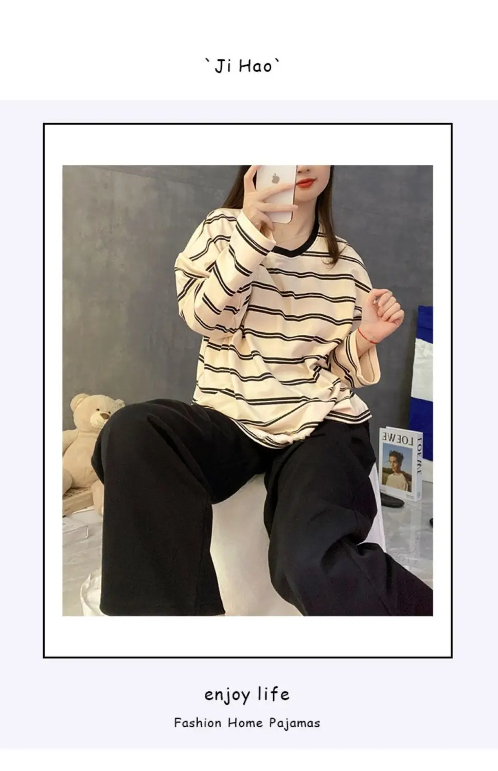 Damen-Herbst-Pyjama mit Brustpolstern, gestreift, langärmelig, Übergröße, O-Ausschnitt, schlicht, lässig, modisch, koreanischer Schulpyjama, Homewear – Detail 13