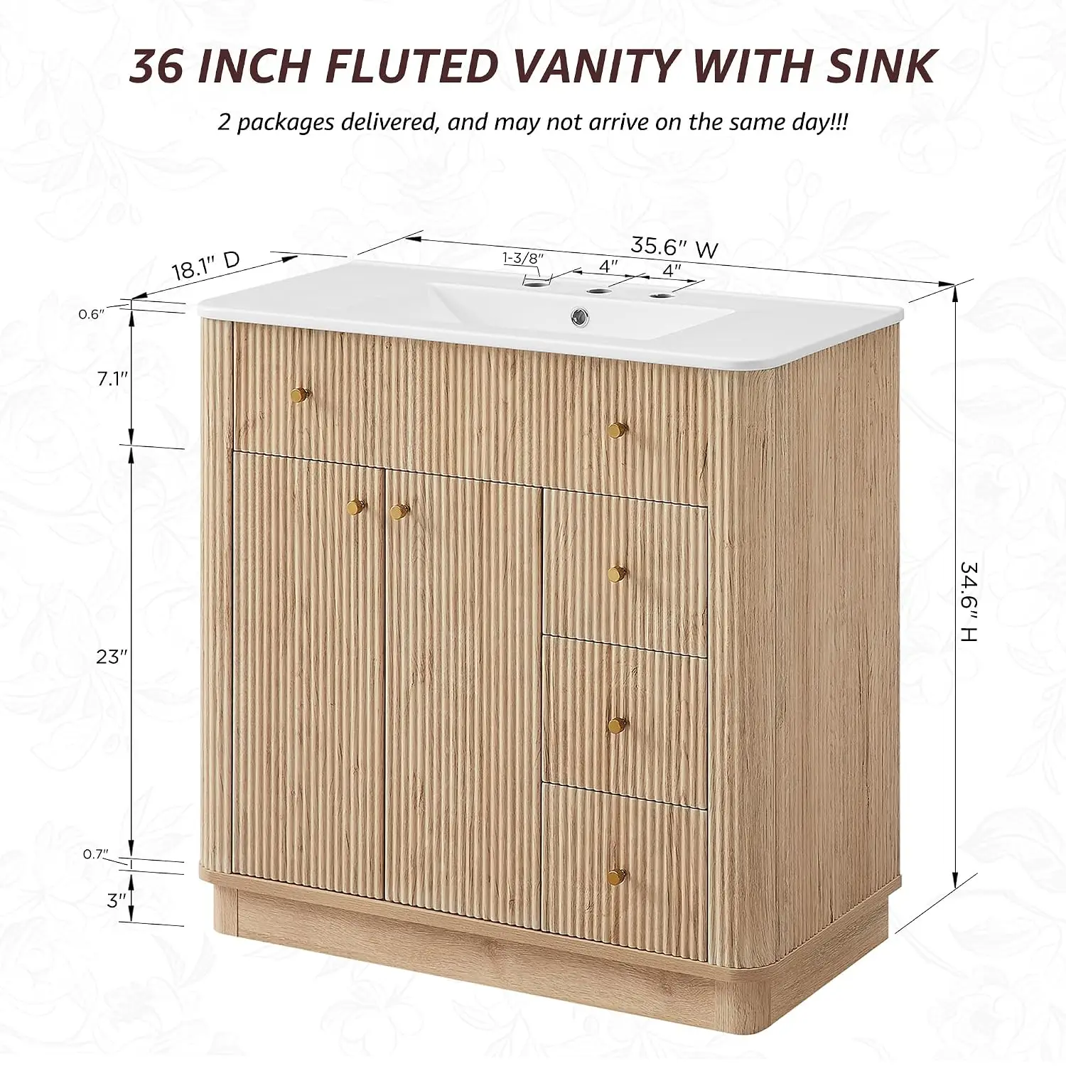 Integrated Ceramic Sink, Large Storage Cabinet, Adjustable Shelf, 3 Drawers, Three pre-drilled faucet holes, Customized