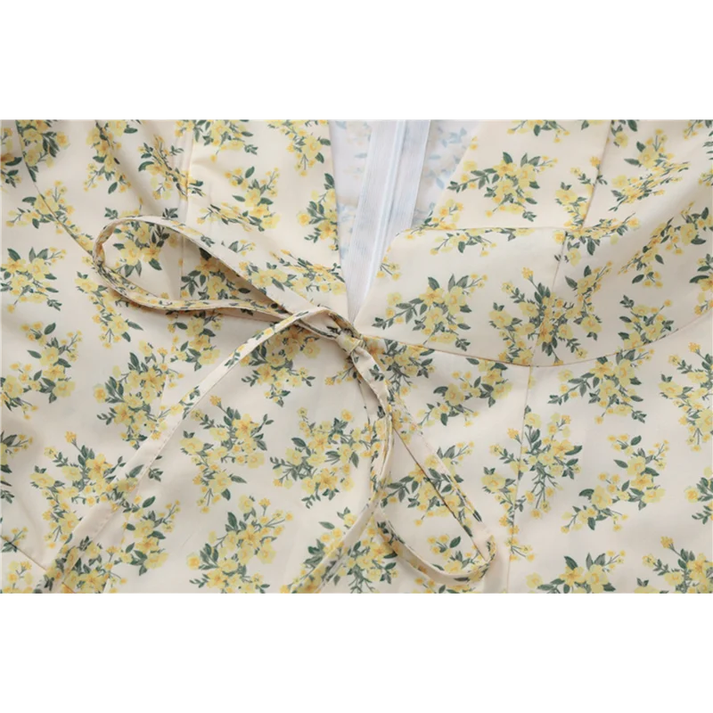 【SEE】Vestido con escote en V para mujer, vestido veraniego ajustado estampado, vestidos con cordón y mangas abullonadas