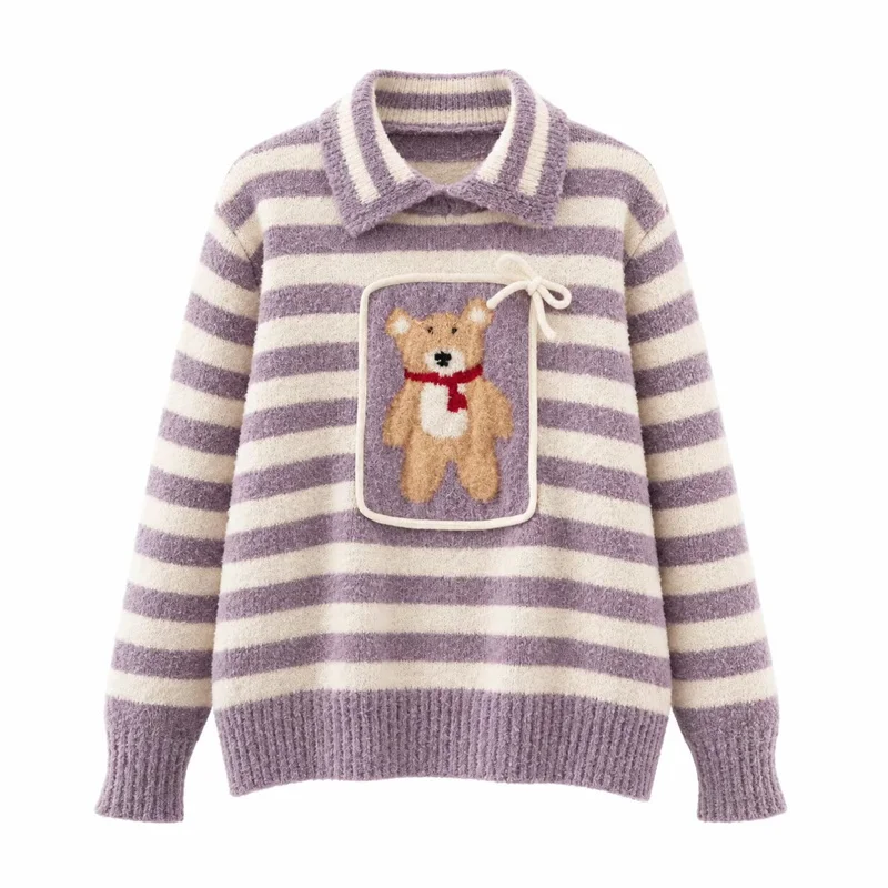 Guobioziy2026Women's New Loop Yarn Teddy Bear Striped Sweater Fashionable and Versatile Elegant and Graceful Casual and Simple