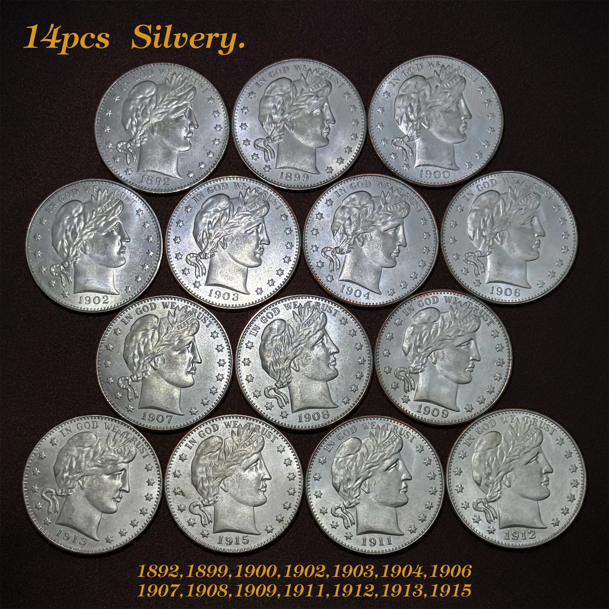 

14pcs US Barber Golden/Silvery/Antique Replica Coins Essential Souvenirs for Collectors Home Decor Metal Medal