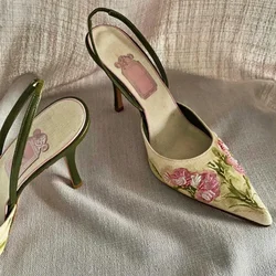 Embroidered High Heel Sandals Women Elegant Slingback Sandals Summer 2025 Pointed Toe Pumps Dress Shoes Women Zapatos De Mujer