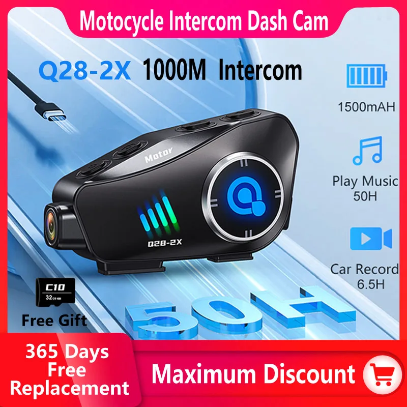 Q28-2X Motorradhelm Bluetooth-Gegensprechanlage-Headset 1080P HD Ultraweitwinkelobjektiv 2-Personen