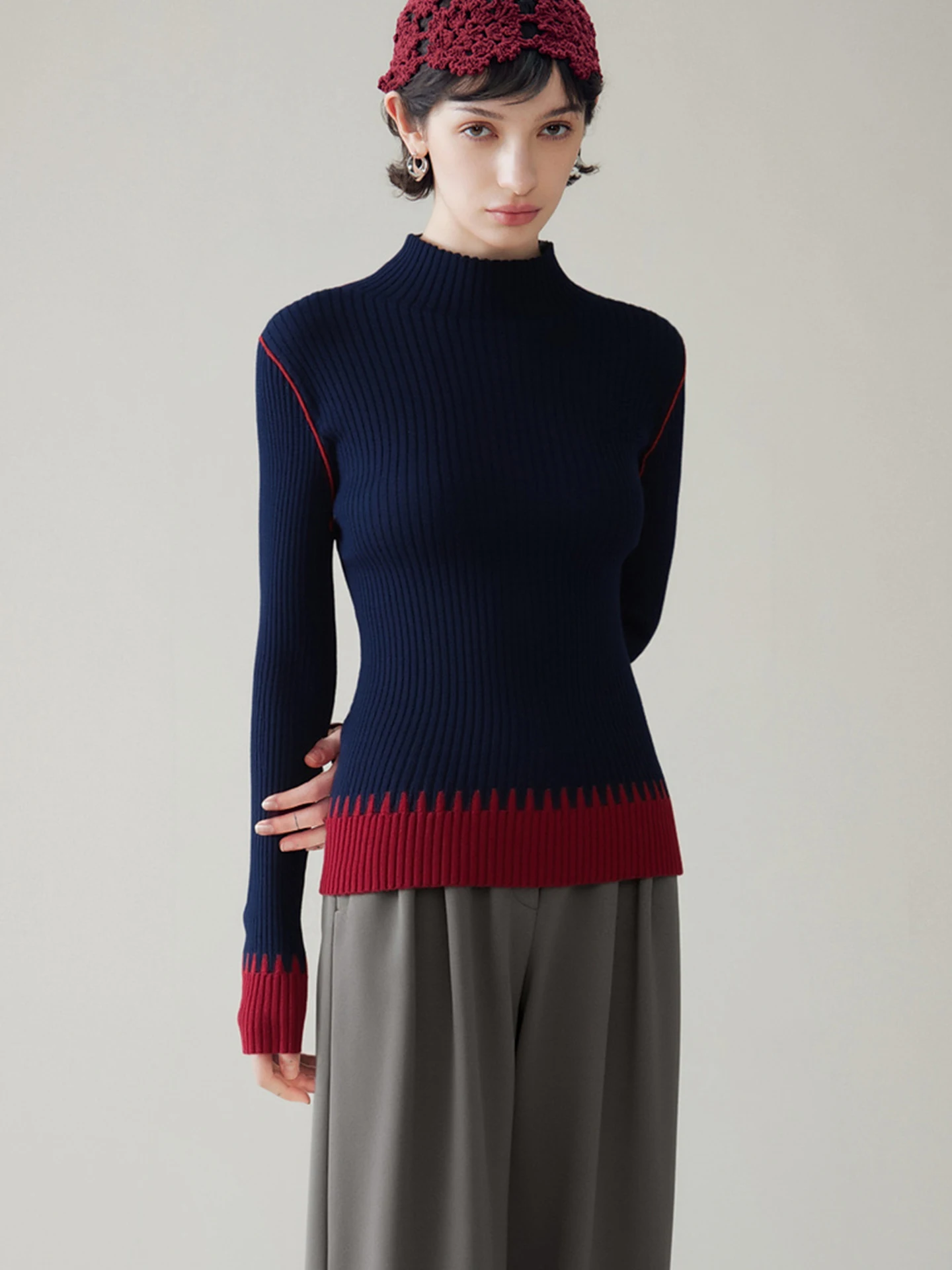 

Slim Fit Color Blo Long Sve Crew Ne Base irt Внутренний вязаный топ Simple New Faion Корейский шерстяной топ для поездок на работу...