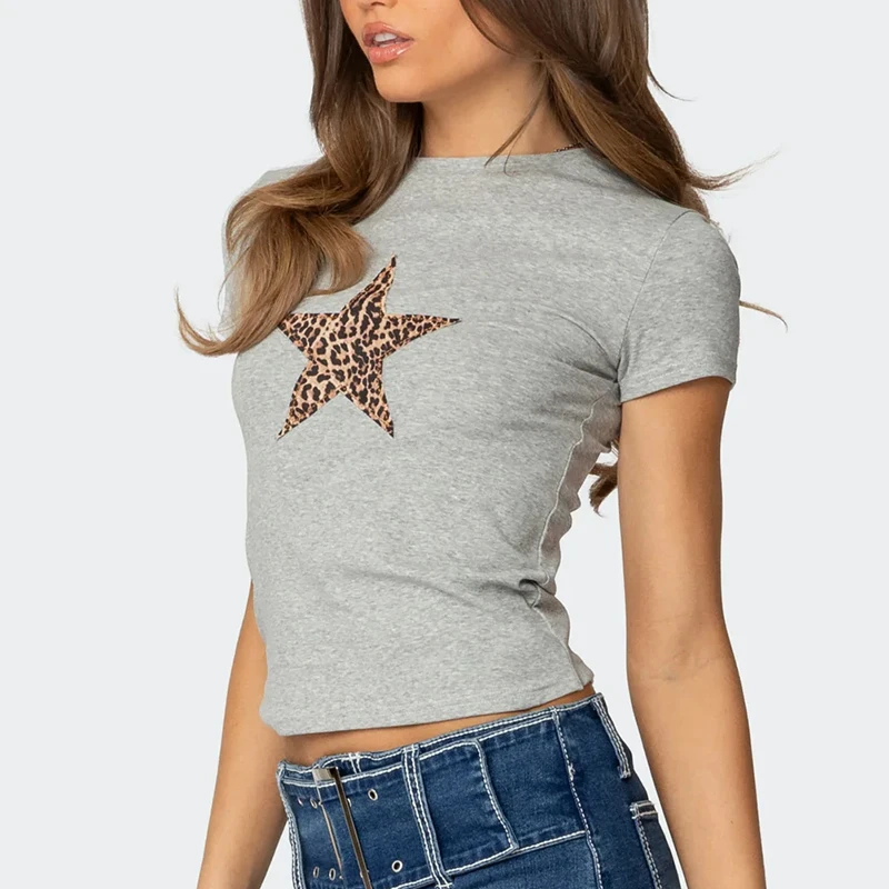 

﻿Short Sleeved Harajuku O-neck Grey Slim Female Tee Leopard Pattern Pentagram Print T Shirt Women Fashion Shirts Casual T-shirt﻿
