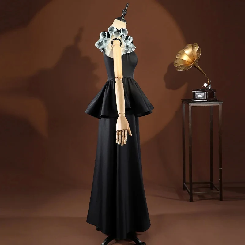 ER1KKurokawa Akane Cosplay Costume Wig Anime Oshi No Ko Season3 Gothic Black Ruffle Peplum Maxi Gown Halloween Party Outfit5H[[