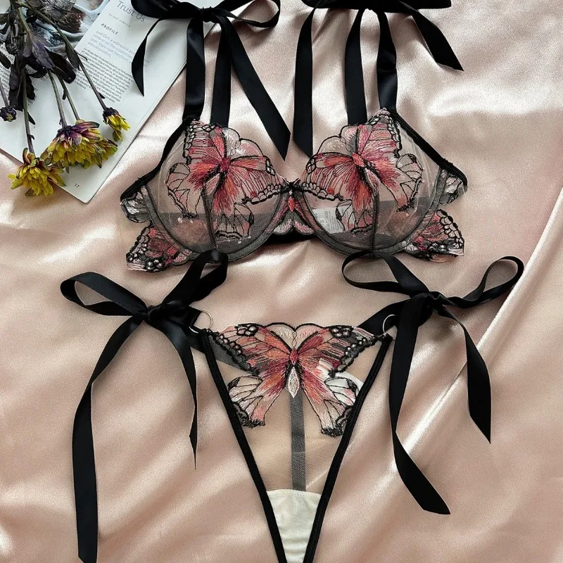 Butterfly Embroidered Hanging Strap Transparent Mesh Temptation Girl Emotional Fun Set Lingerie Sexy Women Victoria’s Secret