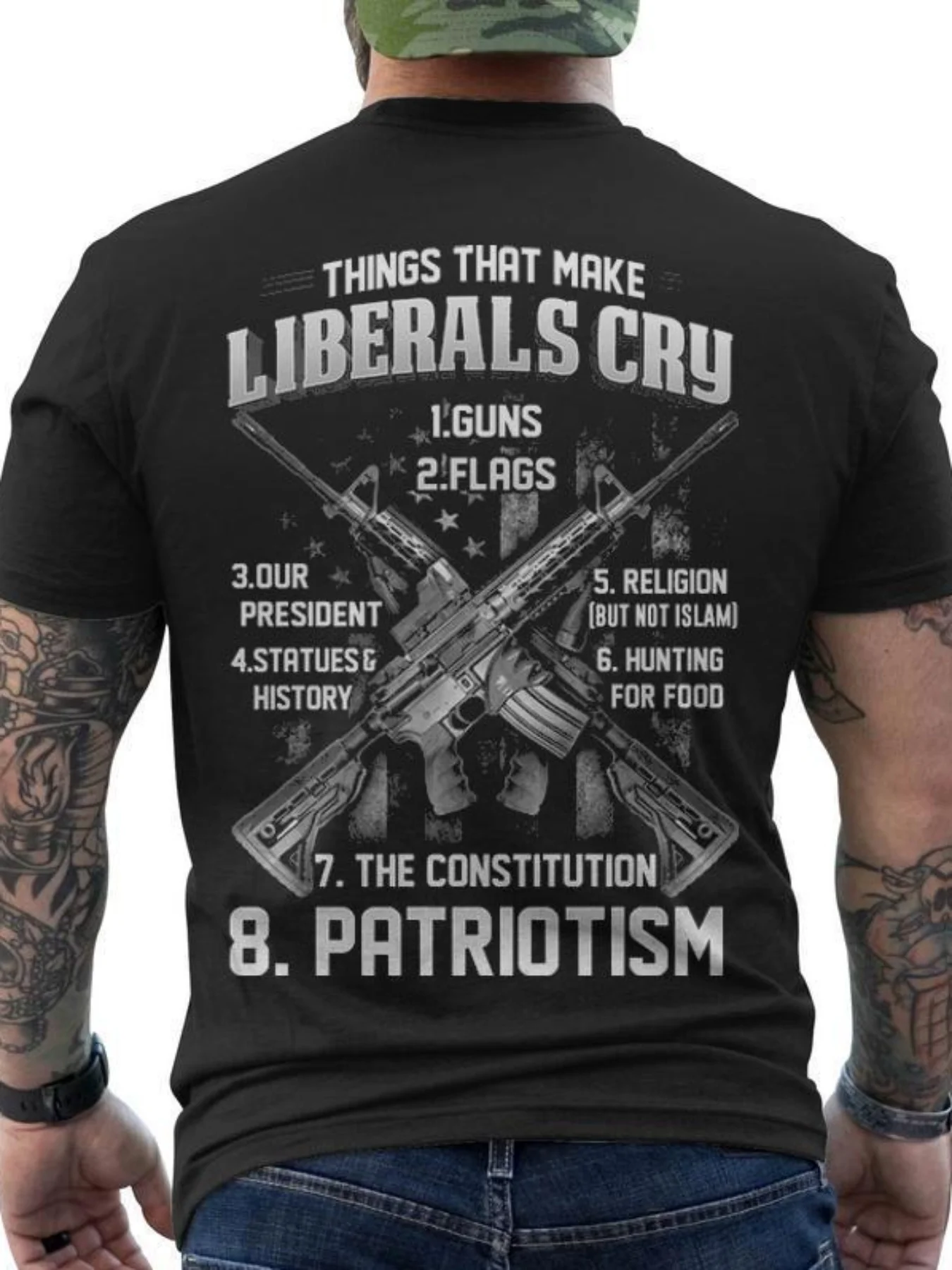 T-shirt pour homme qui fait pleurer les libéraux, imprimé patriotique au dos, drapeaux américains, fusils, tissu ultra doux et respirant, coupe classique pour homme