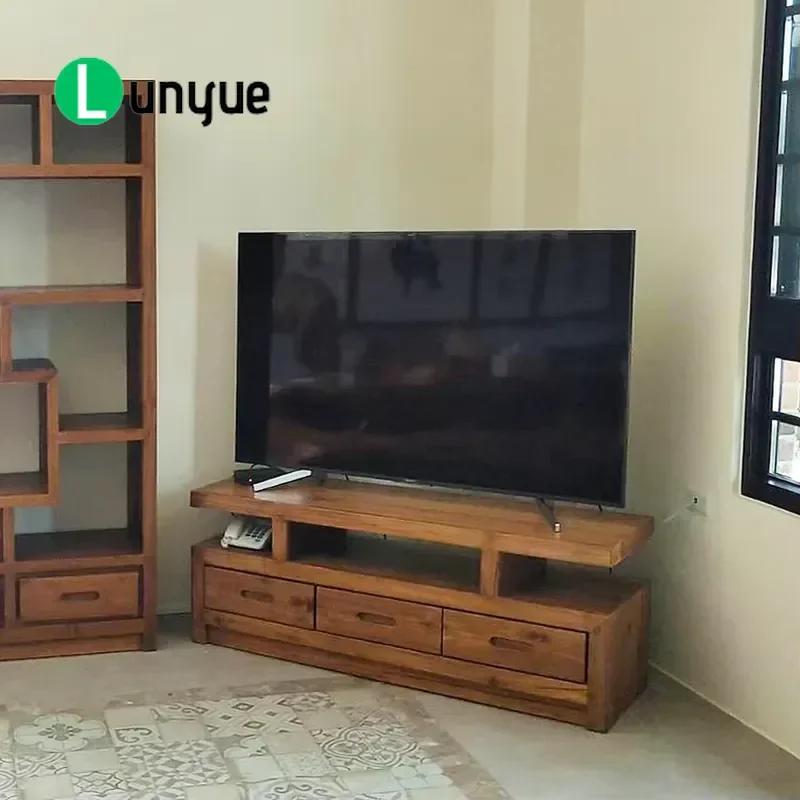 Modern Country Teak TV Cabinet with 3 Drawers Weathered Wood Scratch Resistant Finish for Living Room Furniture Storage