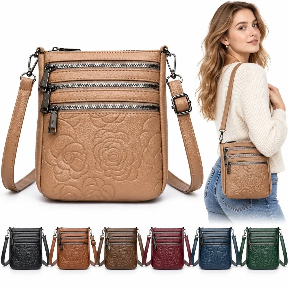Soft Leather Crossbody Bag Floral Embossed Zipper Closure Middle-aged Mother's Bag Multi-layer Adjustable Messenger Bag's