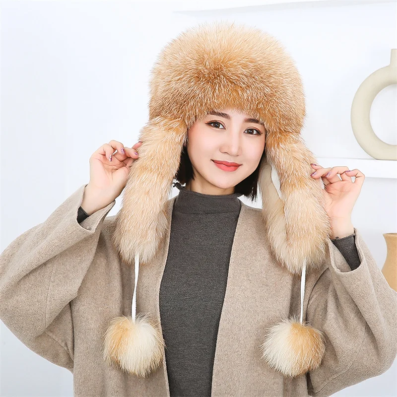 Russia's New Winter Ladies Natural Fox Fur Hat Knitted Warm Striped Hat Women's Good Elastic Windoroof Snowproof Fur Ear Hat