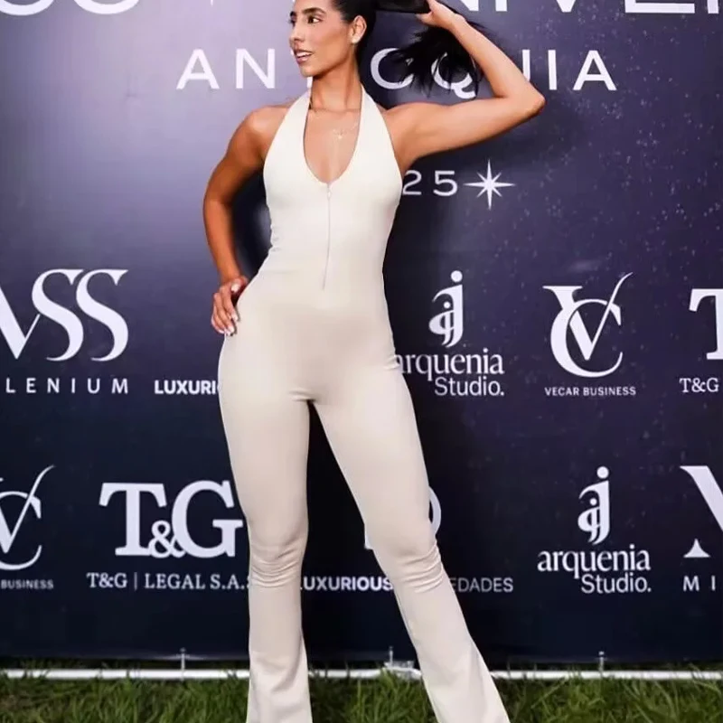 HXAO Women's Jumpsuit Halter Neck Full Jumpsuit Woman Off Shoulder Solid Long Jumpsuits For Women Summer Backless Sexy Jumpsuit