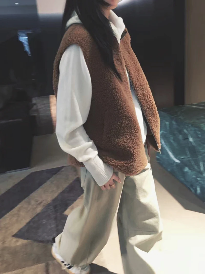 

Cuijia Particle Wool Cosite Fabric Zipper Stand Collar Vest Faionable Commute Sle Pure Color Regular Length