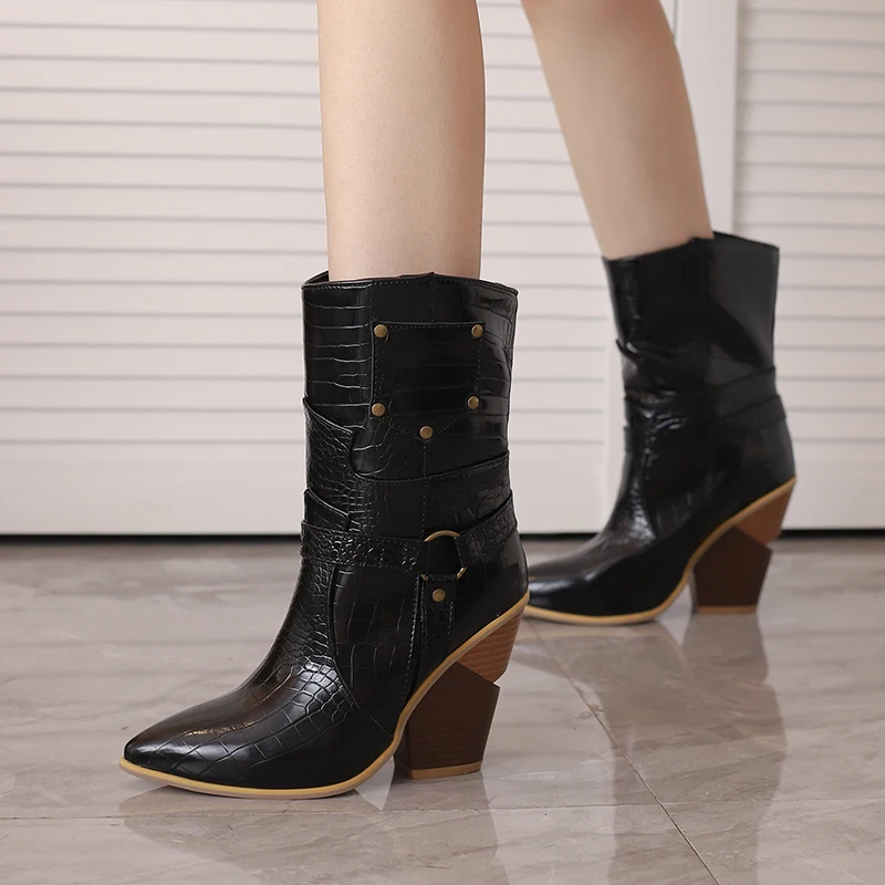 2024 new autumn winter women ankle boots plus size 22-28cm pu/denim fabric pointed toe metal high heel western boots