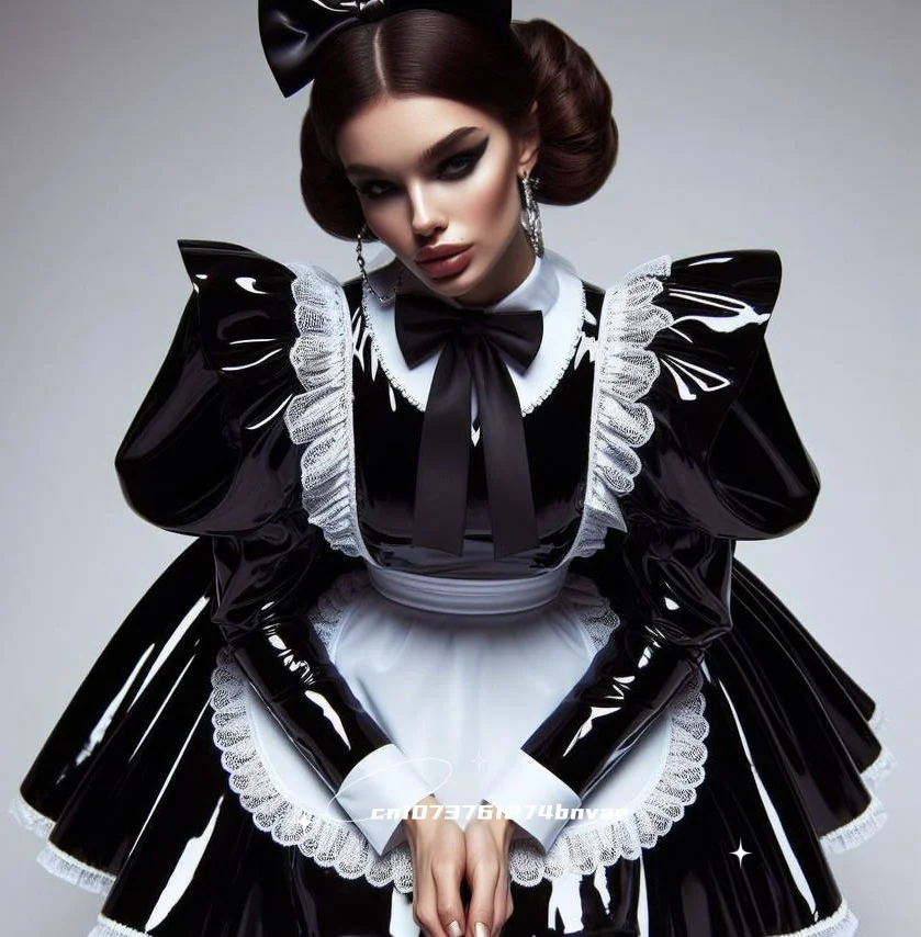 Schwarzes PVC-Kurzkleid Glänzendes Dienstmädchen-Ballkleid Puffärmel Cocktailkleid Cosplay-Partykostüm Maßgeschneidertes Hochgeschlossenes Abendkleid