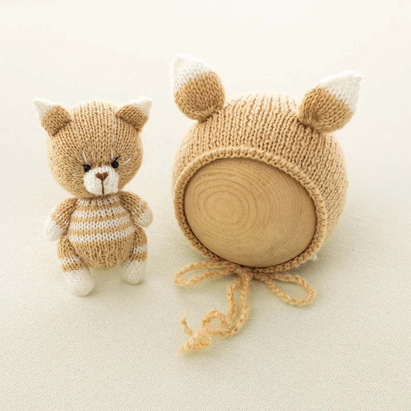 Animal Ears Crochet Photography Accessories Bear Rabbit Doll Hat Two-Piece Set Newborn Cute Style Studio Shooting Decoration