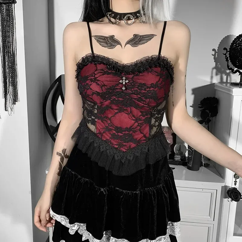 Aesthetic Lace Trim Emo Crop Tops Velvet Black Alternative Y2K Mall Goth   Women Backless Sexy Strap Tanks gothic tops