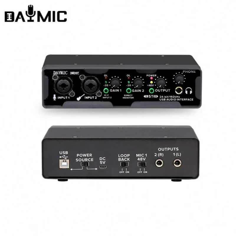 DAYMIC DM202 Professional Studio Recording 2 Input 2 Output USB Sound Card Audio Interface Mixer