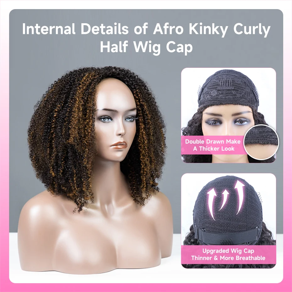 250 Dichte Afro Kinky Curly Halbperücke, doppelt gezogen, klebefrei, Echthaar, Remy Highlight Vietnamesische Echthaarperücke – Detail 6